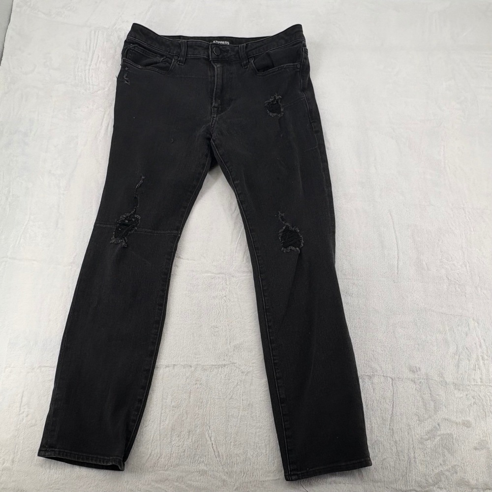 Express Jeans Mens 32x30 Slim Black 4-Way Hyper Stretch Distressed Denim